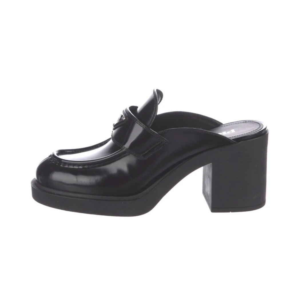 Prada chocolate brushed black leather heeled mules NEW IN BOX 39.5